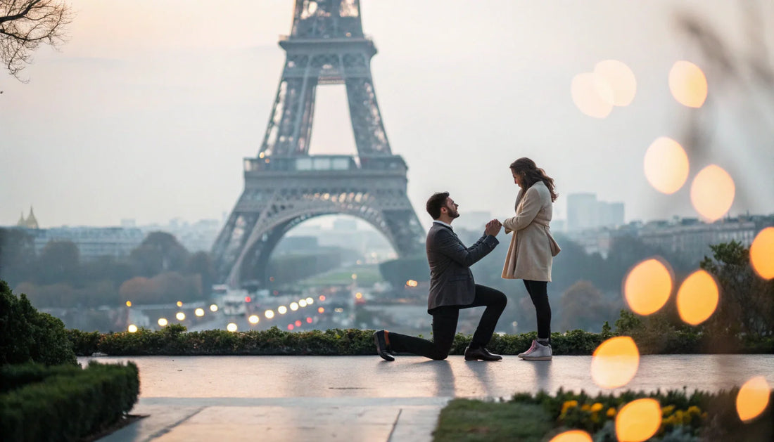 Proposal in Paris at Trocadero Gardens with Eiffel Tower view during sunset - perfect spot for romantic engagement